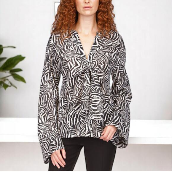 Michael Kors Black Zebra Print Button Up Blouse Large Tunic Top Tie Front V Neck - Picture 1 of 10